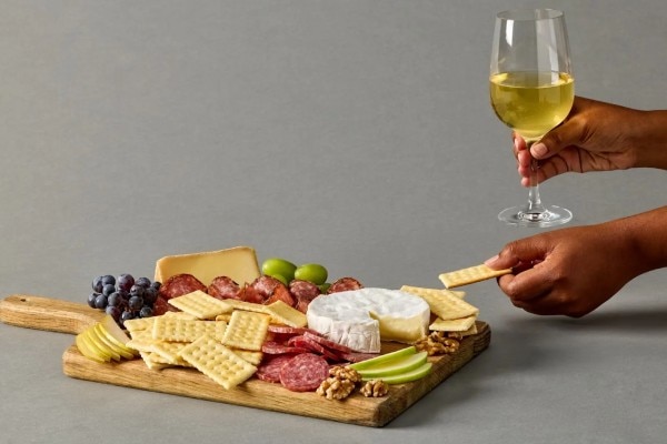 Charcuterie board and a wine glass held by a hand